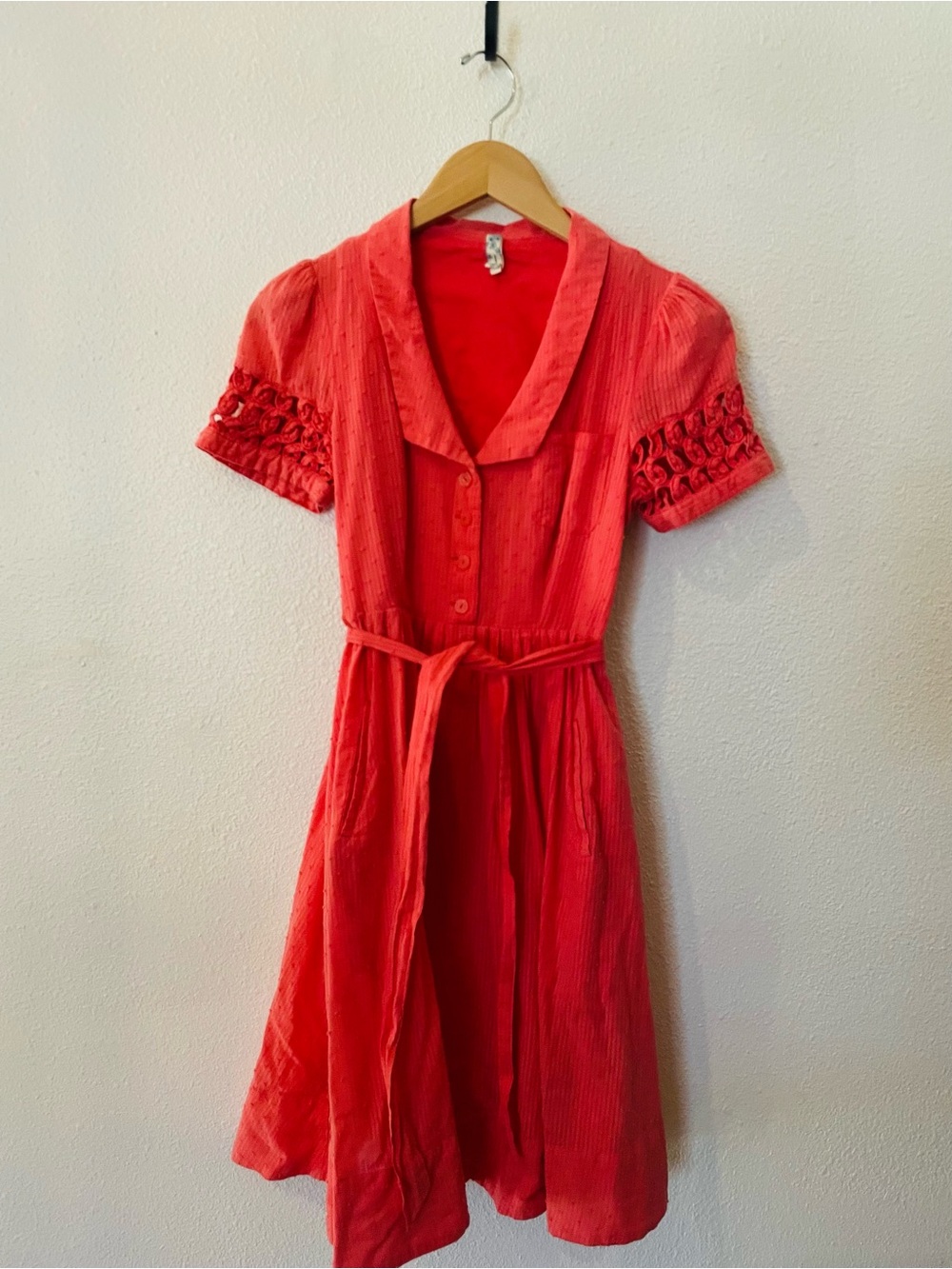 Maeve Dress Coral 100% Cotton Belted Textured Housewife Size 2 Anthropologie